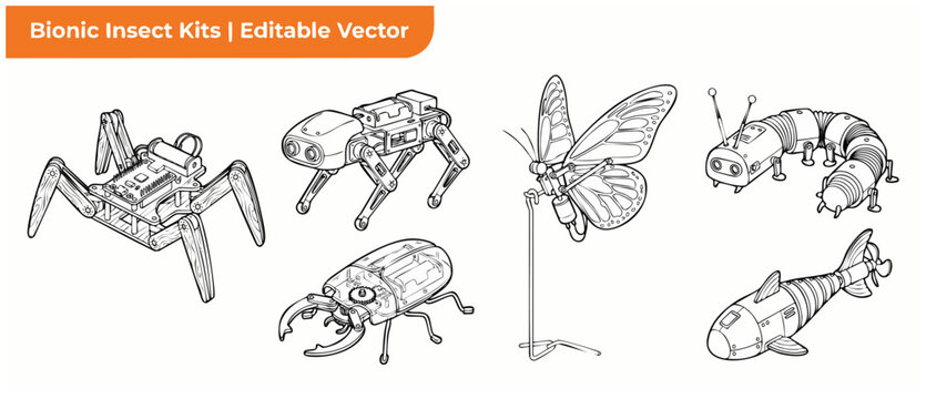 Bionic insect robot vector kit of mechanical bug outline drawings for education and DIY STEM engineering, featuring futuristic cyborg spider, butterfly, beetle, worm, and robot fish designs set.
