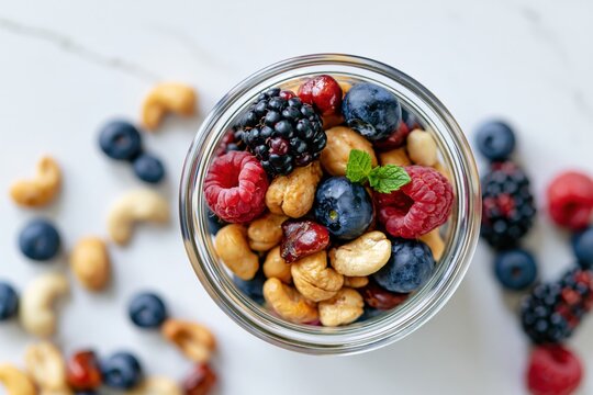 The Jar of Mixed Berries and Nuts Showcasing Fresh Colorful Healthy Ingredients