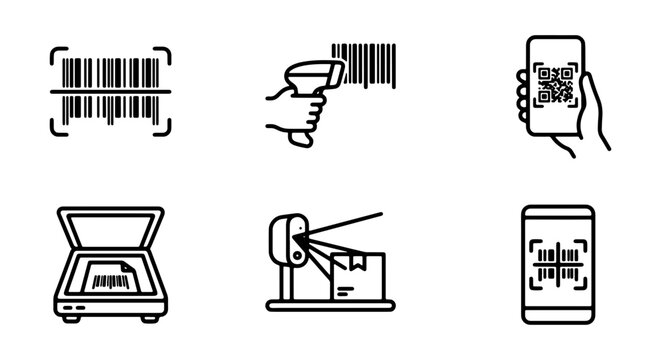Barcode Scanner Icons, QR Code Mobile Scan, Flatbed Scanner, Product Scanning Set, Digital Data Capture Vector Graphics
