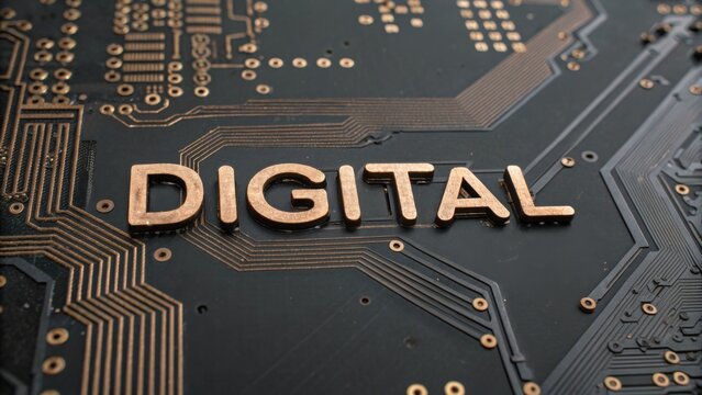 Futuristic close-up of a circuit board with the engraved word "DIGITAL" showcasing technology and innovation in modern electronics