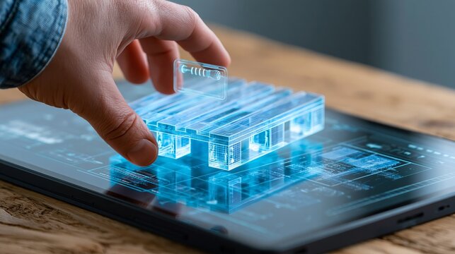 Human hand interacting with a bright blue holographic warehouse pallet model displayed on a sleek digital tablet screen surface interface