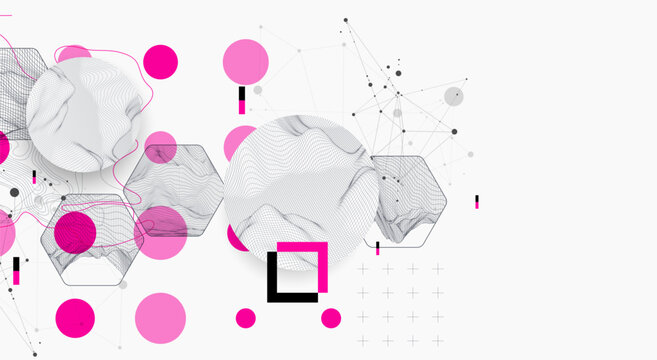 Science research visualization vector with structure models and purple elements. Wireframe art.