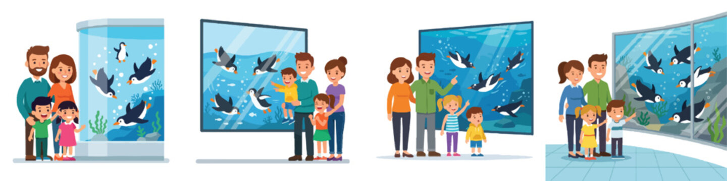 A happy family looking through a glass window at playful penguins swimming underwater, flat design, minimalist, no outlines, clean vector illustration, distinct facial features, solid white background