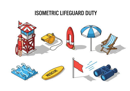 Isometric icons of lifeguard equipment including a tower rescuer whistle buoy umbrella chair waves board flag binoculars