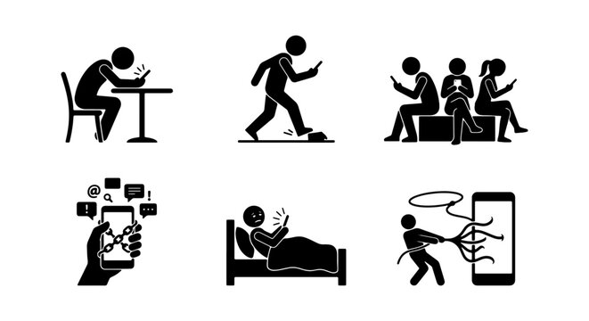 Digital Addiction Icons, Smartphone Obsession Symbols, Social Media Dependence Graphics, Technology Overload Vector Set