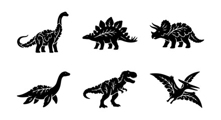 Dinosaur Icons Set, Prehistoric Creatures Vector Collection, Jurassic Era Animals Silhouettes for Kids and Education © Nusrat