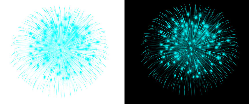 Cyan blue firework burst isolated on white and black background, glowing pyrotechnic explosion, festive light display for holiday celebration and event design