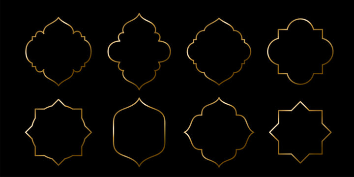 Ramadan gold islamic frame shape vector illustration set. Luxury golden arabic line borders, elegant oriental geometric badges, traditional arabesque star ornaments isolated on black background