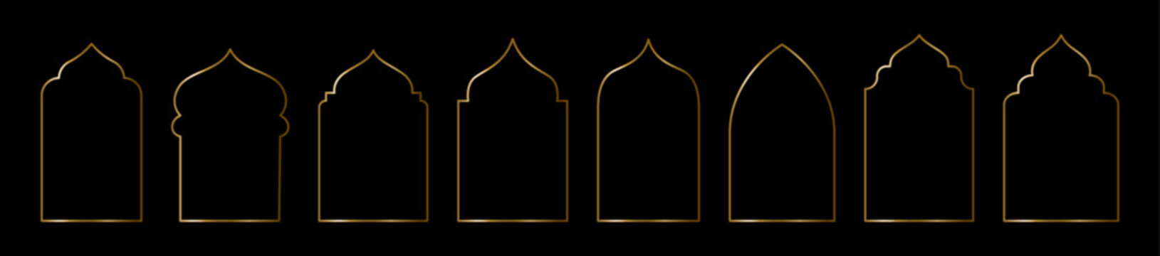 Ramadan gold islamic arch window frame vector illustration set. Luxury golden arabic line doors, elegant mosque dome silhouettes, oriental geometric borders isolated on black background