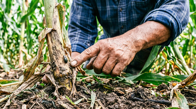 Farmer finger pointing to ground beetle on dry corn stalk for pest inspection