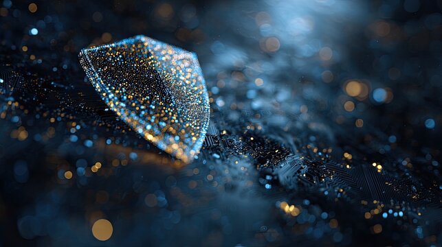 A sparkling, translucent shield reflects golden and blue light against a dark, textured background
