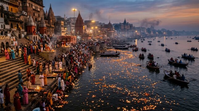 Ganges River Aarti Ceremony at Dusk in Varanasi, India with Crowds and Floating Lamps