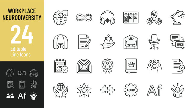Workplace neurodiversity line icon set. ADHD, autism, inclusion, sensory support, fidget spinner, quiet pod, employee accommodations minimal vector illustration. Simple outline signs. Editable Stroke.
