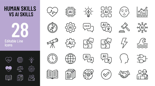 Human skills vs AI skills line icon set. Artificial intelligence, empathy, logic, creativity, machine learning, ethics, and automation minimal vector illustration. Simple outline signs. Editable Strok