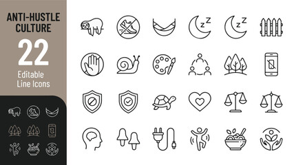 Anti-hustle culture line icon set. Slow living, mental health wellness, work life balance, relaxation, sleep, digital detox minimal vector illustration. Simple outline signs. Editable Stroke art. © Jason