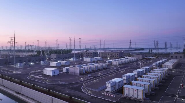 Large-scale energy storage power station at dusk with orderly module arrays and transmission infrastructure