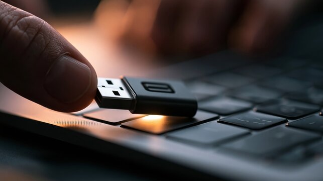 Close up view of a hand inserting a small black usb flash drive into a professional silver laptop keyboard port