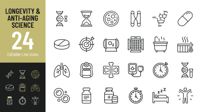 Longevity and anti-aging science line icon set. Biohacking, DNA, healthspan, chromosome, hyperbaric oxygen, red light therapy, cold plunge, sauna, supplements, sleep
