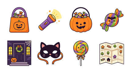 Colorful Halloween stickers show festive objects and treats on white background for kids. © MuhammadAbdulJalil01