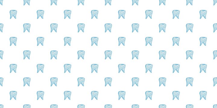 Seamless dental pattern with hand-drawn blue teeth on a white background. Minimalist doodle tooth pattern. Ideal for stomatology and medical design.