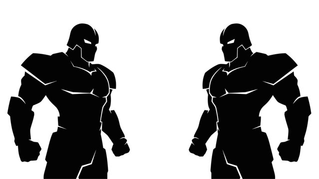 Black silhouette illustration of two muscular armored figures facing each other, representing heroes, warriors, or a futuristic standoff, isolated on a white background.
