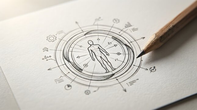 Detailed graphite pencil sketch showing a human figure surrounded by complex technical diagrams and symbols