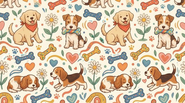 Cute puppies frolic & rest among hearts, bones, flowers