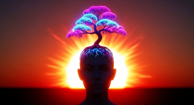 Conceptual human mind tree silhouette sunset