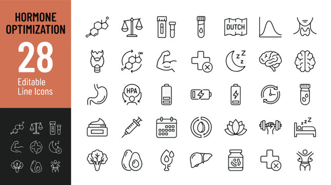 Hormone optimization line icon set. Endocrine health, thyroid, testosterone, adrenal, metabolism, sleep, fitness, nutrition minimal vector illustrations. Simple outline signs. 48x48 Pixel Perfect. Edi
