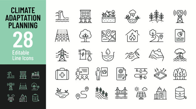 Climate adaptation planning line icon set. Sustainability, flood defense, resilient infrastructure, disaster risk assessment, solar power, water conservation minimal vector illustration. Editable Stro