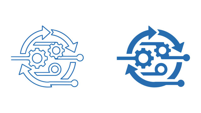 Process automation and digital workflow cycle icon with gears and circuit board nodes in linear and solid styles for technology operations and industrial manufacturing system graphics