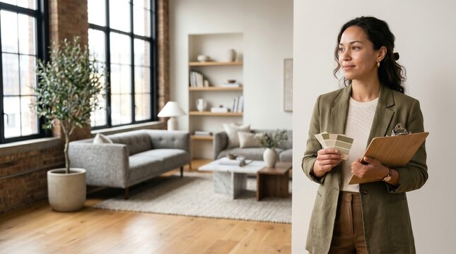 Asian woman holding color swatches and clipboard in a modern living room. Interior designer comparing paint samples for home renovation and decor planning in a stylish apartment