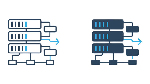 Server cluster data management icon set featuring stack of servers with connected flow chart nodes in blue outline and solid styles on isolated white background for IT infrastructure