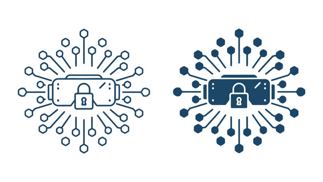 Virtual reality security and digital headset protection icon set featuring VR goggles with central padlock and circuit node rays in blue outline and solid styles on white background