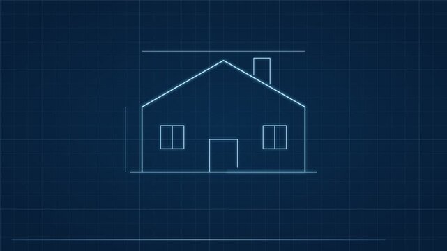 Minimalist Architectural Blueprint Outline of a Residential House Structure Represented on a Digital Grid Background