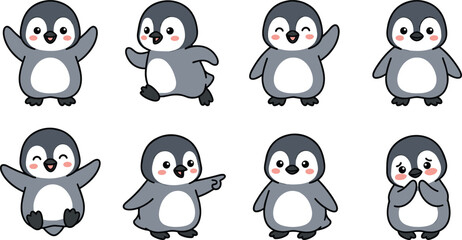 Cute penguin cartoon character vector collection set featuring funny polar animal mascots running jumping waving pointing and looking shy isolated on white background © MeheDi