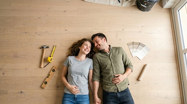 Happy couple lying on a wooden floor with renovation tools and paint samples. Young homeowners planning home improvement and interior decorating in a bright room.