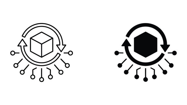 Abstract cube icon inside a circular arrow cycle with connected nodes representing modular data architecture and iterative process technology vector illustration set