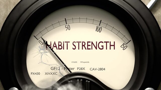 Habit strength meter showing low levels of habit strength. Minimum and decreasing habit strength value, below the norm. Lack of habit strength. None of it, insufficient.