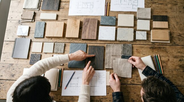 Interior design team selecting material samples over floor plans on rustic wooden table. Collaborative studio planning fabric wood and stone finishes for renovation project.