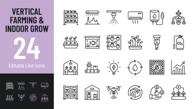 Vertical farming and indoor grow line icon set. Hydroponic system, aquaponics, LED light, irrigation, smart greenhouse, urban agriculture, robot automation, drone. Minimal vector, editable stroke.