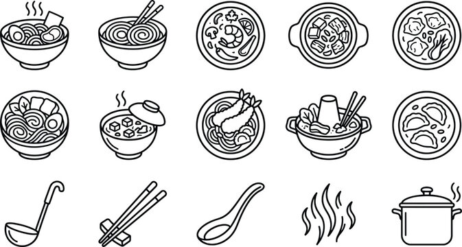 Asian soup and ramen line art icons vector of pho noodle bowls hot pot and chopsticks