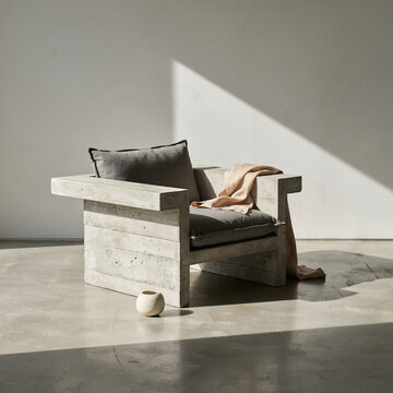 Brutalist concrete armchair with cushions and throw blanket in modern interior