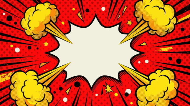 Pop Art Comic Explosion Background with Halftone Dots Red Template