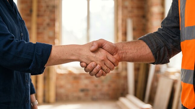 Professional contractor shaking hands with a client in a renovation site. Construction partnership agreement during a house remodel project and building work coordination.