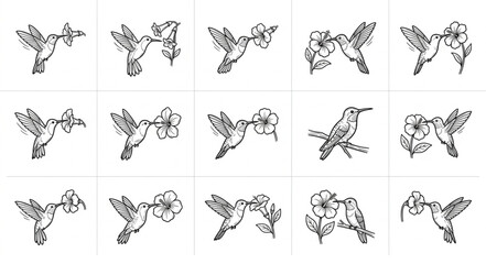 Collection of Hand Drawn Hummingbird Illustrations with Flowers. © Kadal