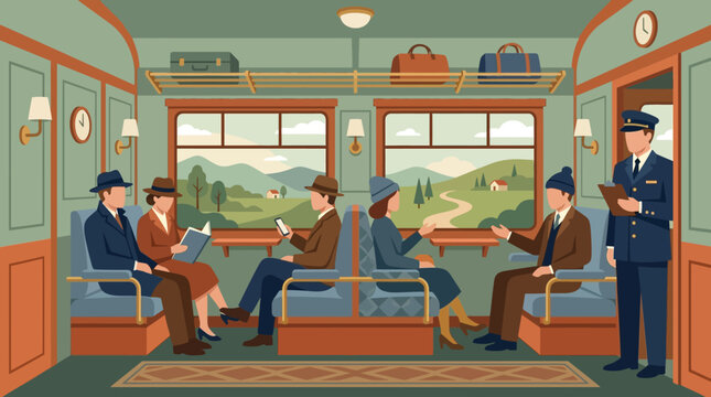 Vintage Train Journey Illustration featuring passengers in mid-century clothing inside a classic green carriage with a conductor, ideal for travel history and nostalgic storytelling.
