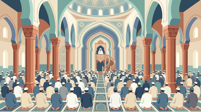 Islamic Friday Prayer Illustration featuring a Muslim congregation sitting in a grand mosque with an imam on the pulpit, ideal for Ramadan greetings and Islamic educational content.
