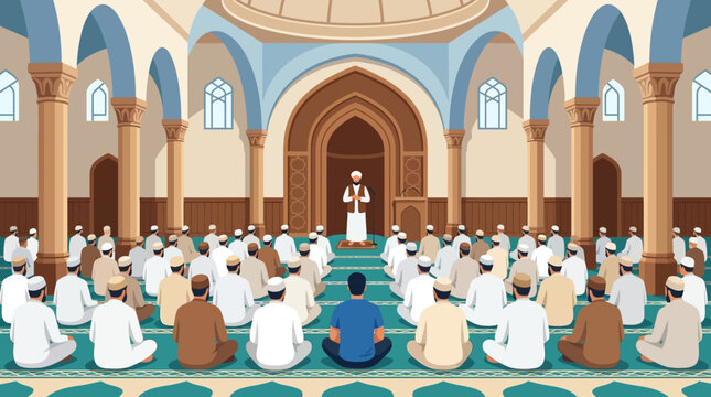 Islamic Congregation Illustration of Muslim men sitting in a grand mosque with an Imam leading from the mihrab ideal for Ramadan greetings and religious community articles.