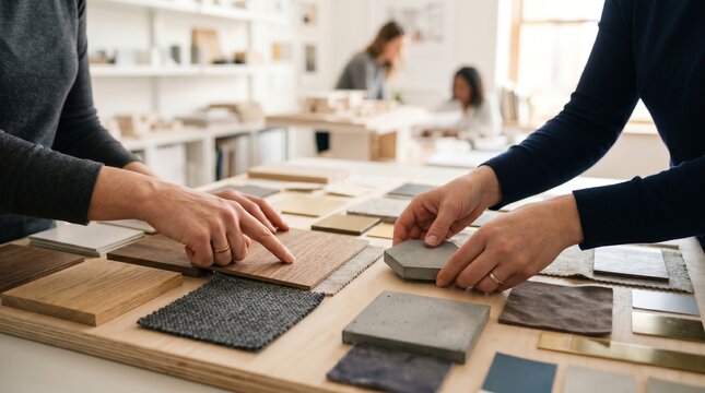 Two people comparing wood and fabric samples on a design table in a bright interior. Interior design consultation for home renovation material selection and decor planning.